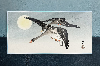 Geese in flight under the full moon Wall art on glass