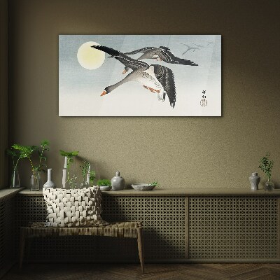 Geese in flight under the full moon Wall art on glass