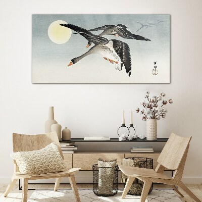 Geese in flight under the full moon Wall art on glass