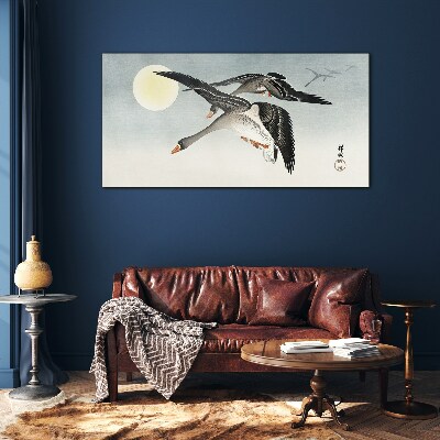 Geese in flight under the full moon Wall art on glass