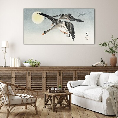 Geese in flight under the full moon Wall art on glass