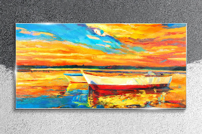 Golden reflections on the water Glass art print