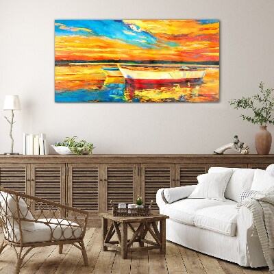 Golden reflections on the water Glass art print