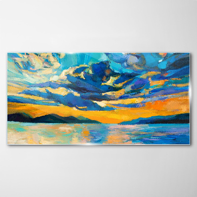 Sunset over a calm lake Wall art on glass