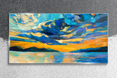 Sunset over a calm lake Wall art on glass