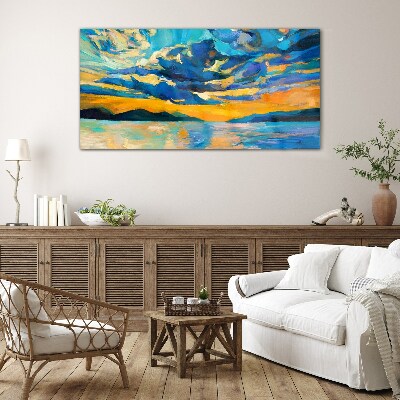 Sunset over a calm lake Wall art on glass