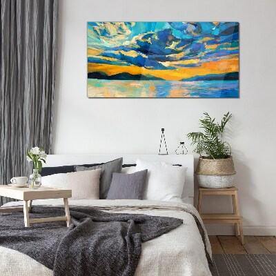 Sunset over a calm lake Wall art on glass