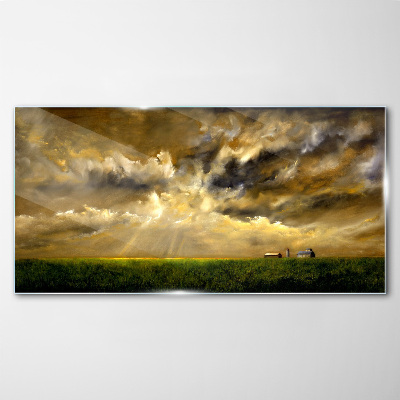A peaceful landscape with clouds Wall art on glass