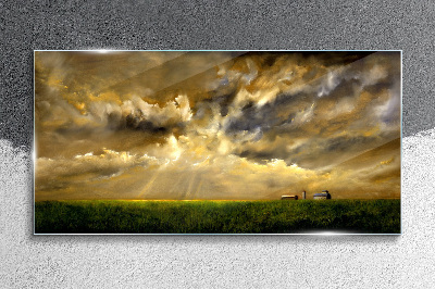 A peaceful landscape with clouds Wall art on glass
