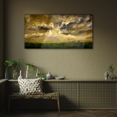 A peaceful landscape with clouds Wall art on glass