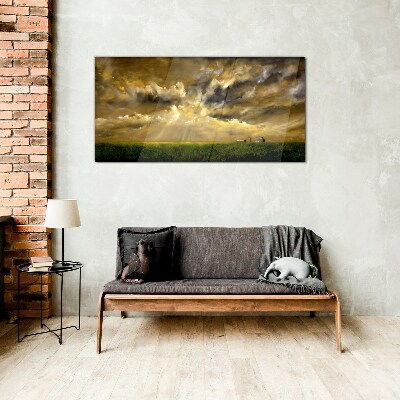 A peaceful landscape with clouds Wall art on glass
