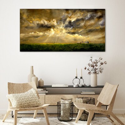 A peaceful landscape with clouds Wall art on glass