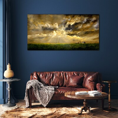 A peaceful landscape with clouds Wall art on glass