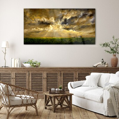 A peaceful landscape with clouds Wall art on glass