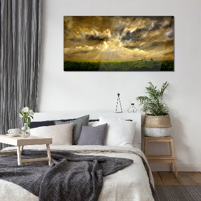 A peaceful landscape with clouds Wall art on glass