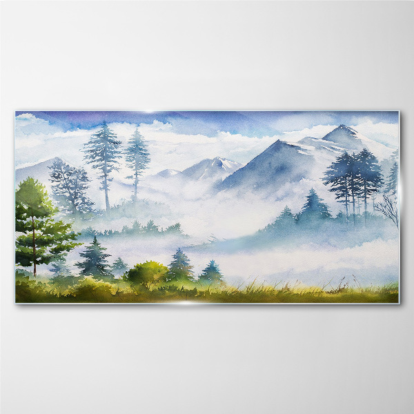 Mountain landscape in the morning fog Glass art print