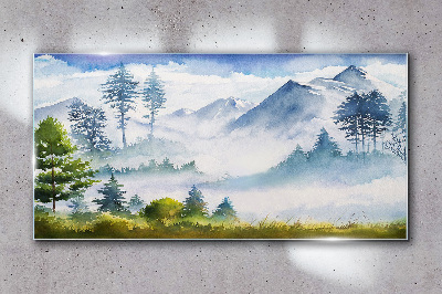 Mountain landscape in the morning fog Glass art print