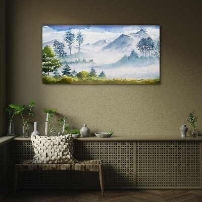 Mountain landscape in the morning fog Glass art print