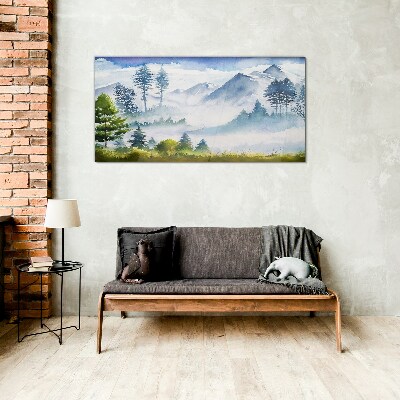 Mountain landscape in the morning fog Glass art print