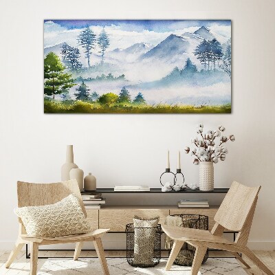 Mountain landscape in the morning fog Glass art print