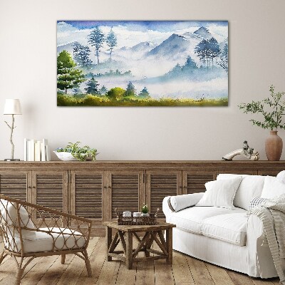 Mountain landscape in the morning fog Glass art print