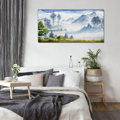 Mountain landscape in the morning fog Glass art print