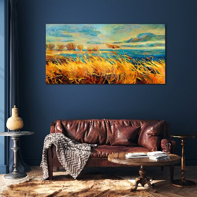 Golden grass over blue water Wall art on glass
