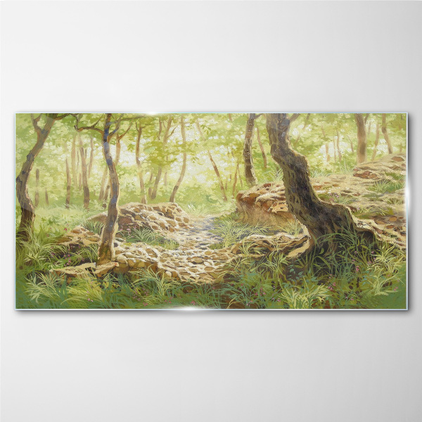 Green forest landscape with stones Wall art on glass