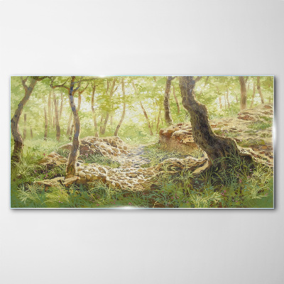 Green forest landscape with stones Wall art on glass