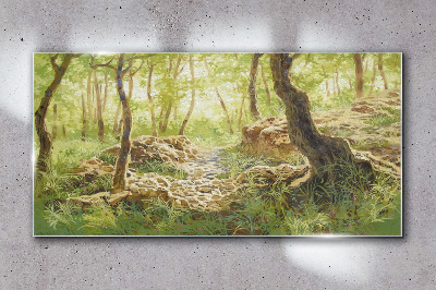 Green forest landscape with stones Wall art on glass