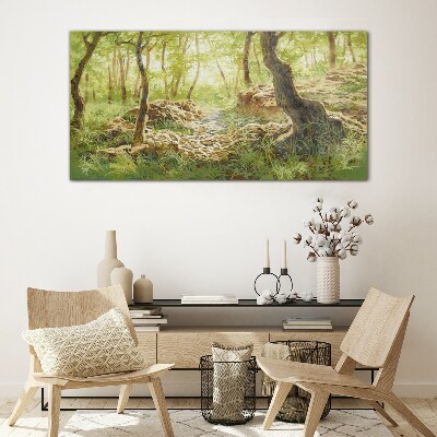 Green forest landscape with stones Wall art on glass