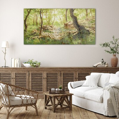 Green forest landscape with stones Wall art on glass