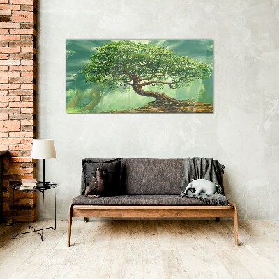 A green corner with a magic tree Wall art on glass