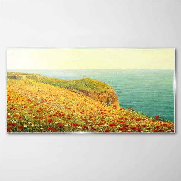 Flower hill by the sea Wall art on glass