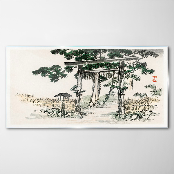 Torii gate in a peaceful landscape Wall art on glass