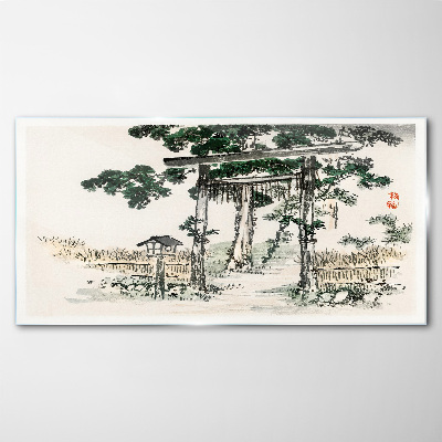 Torii gate in a peaceful landscape Wall art on glass