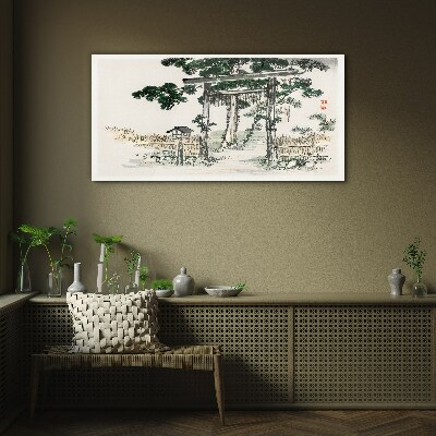 Torii gate in a peaceful landscape Wall art on glass