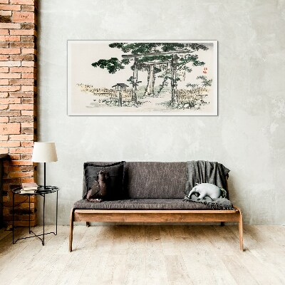 Torii gate in a peaceful landscape Wall art on glass