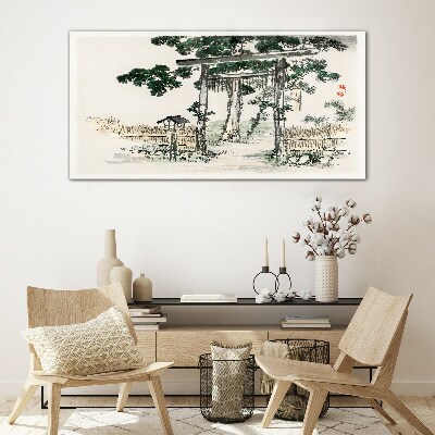 Torii gate in a peaceful landscape Wall art on glass