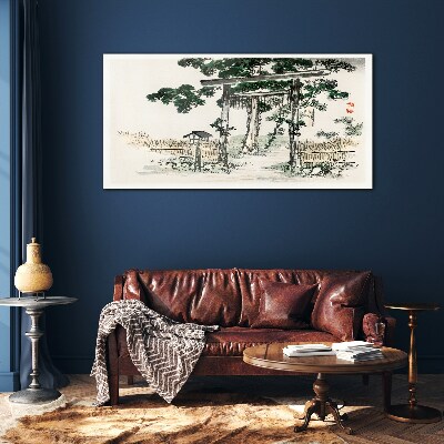 Torii gate in a peaceful landscape Wall art on glass