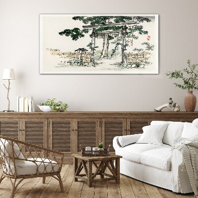 Torii gate in a peaceful landscape Wall art on glass