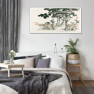 Torii gate in a peaceful landscape Wall art on glass