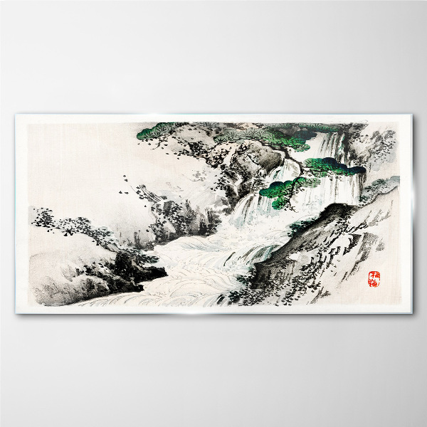 Waterfall in a mountain landscape Glass art print
