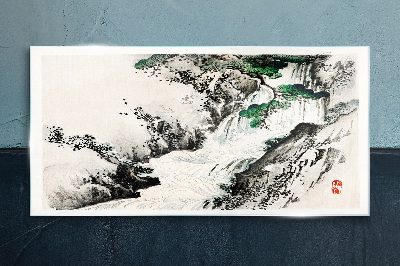 Waterfall in a mountain landscape Glass art print