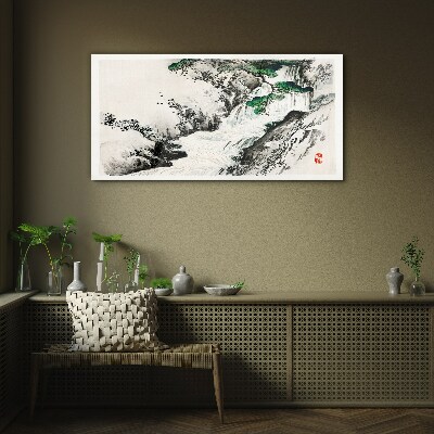 Waterfall in a mountain landscape Glass art print