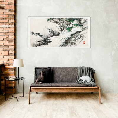 Waterfall in a mountain landscape Glass art print