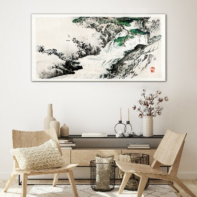 Waterfall in a mountain landscape Glass art print