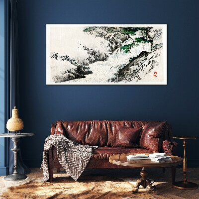 Waterfall in a mountain landscape Glass art print