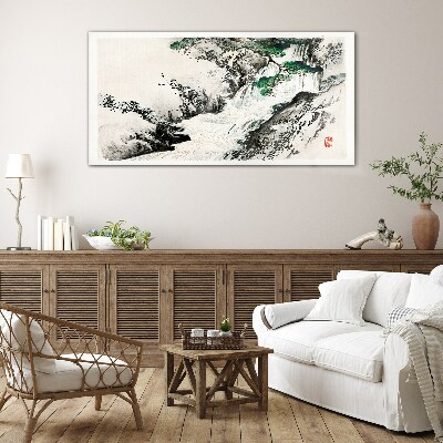 Waterfall in a mountain landscape Glass art print