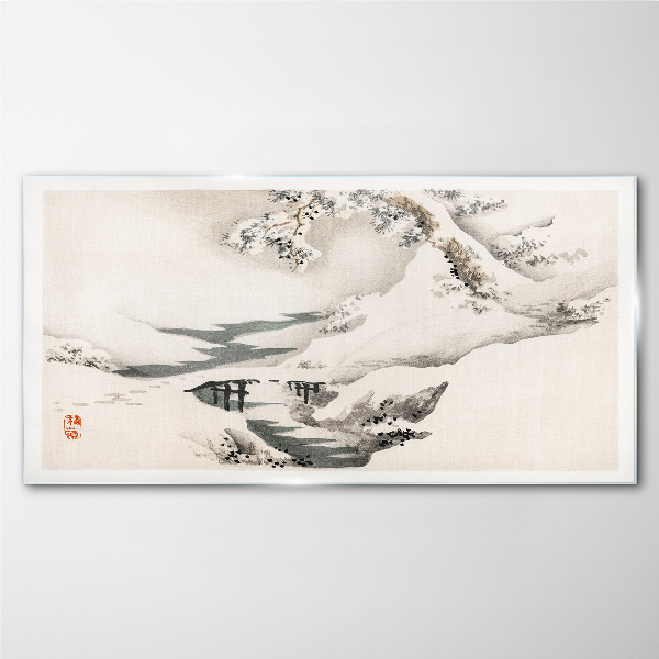 Winter landscape with a bridge Glass art print